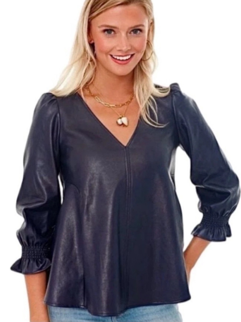 Tuckernuck Black Faux Leather V-Neck Puff Sleeve Blouse. S